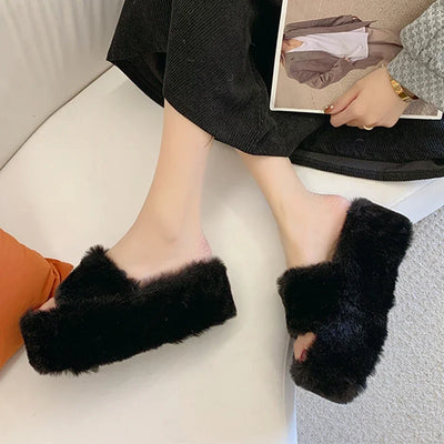 Women High Heels Fur Slippers Winter Shoes